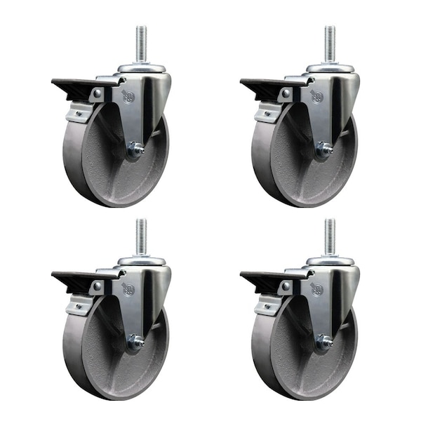 5 Inch Semi Steel Wheel Swivel 58 Inch Threaded Stem Caster Set with Brake SCC